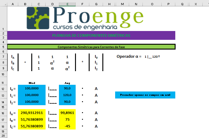 Planilha gratuita de componentes simétricas